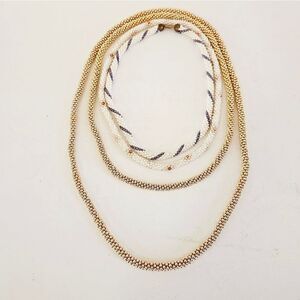 Vintage Set of Four Seed Beaded Faux Pearl Rope Floral Gold Striped Necklaces